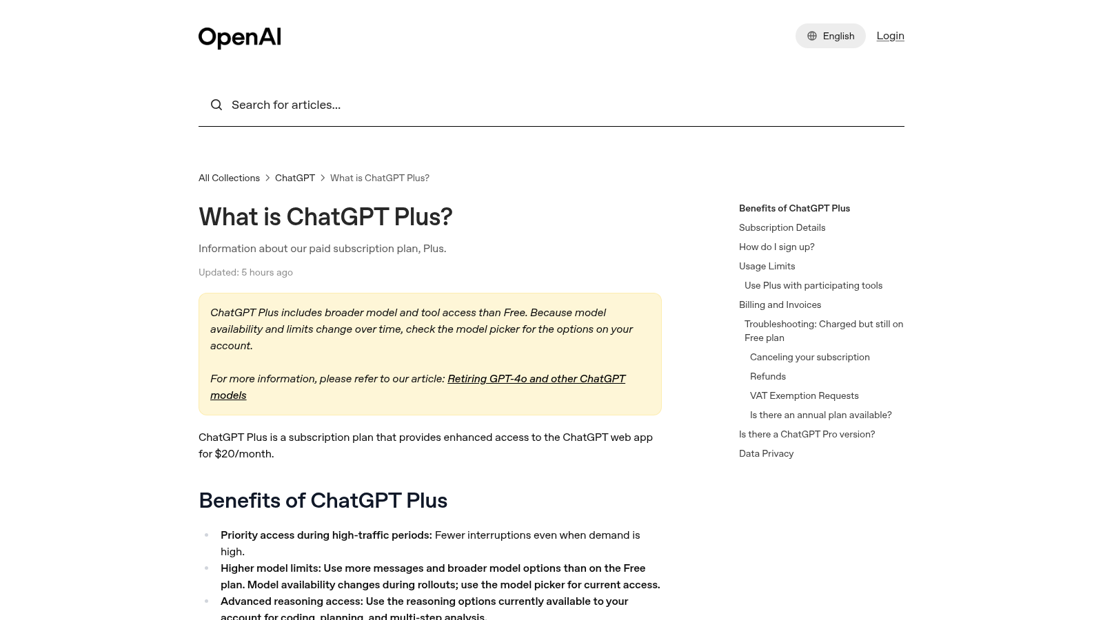 OpenAI Help Center explains ChatGPT Plus access and limits