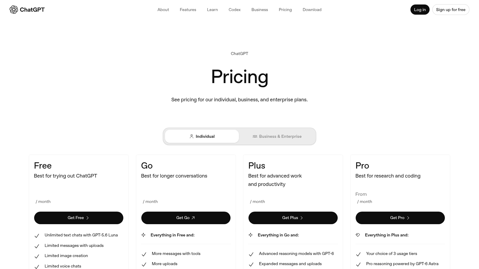 ChatGPT pricing page