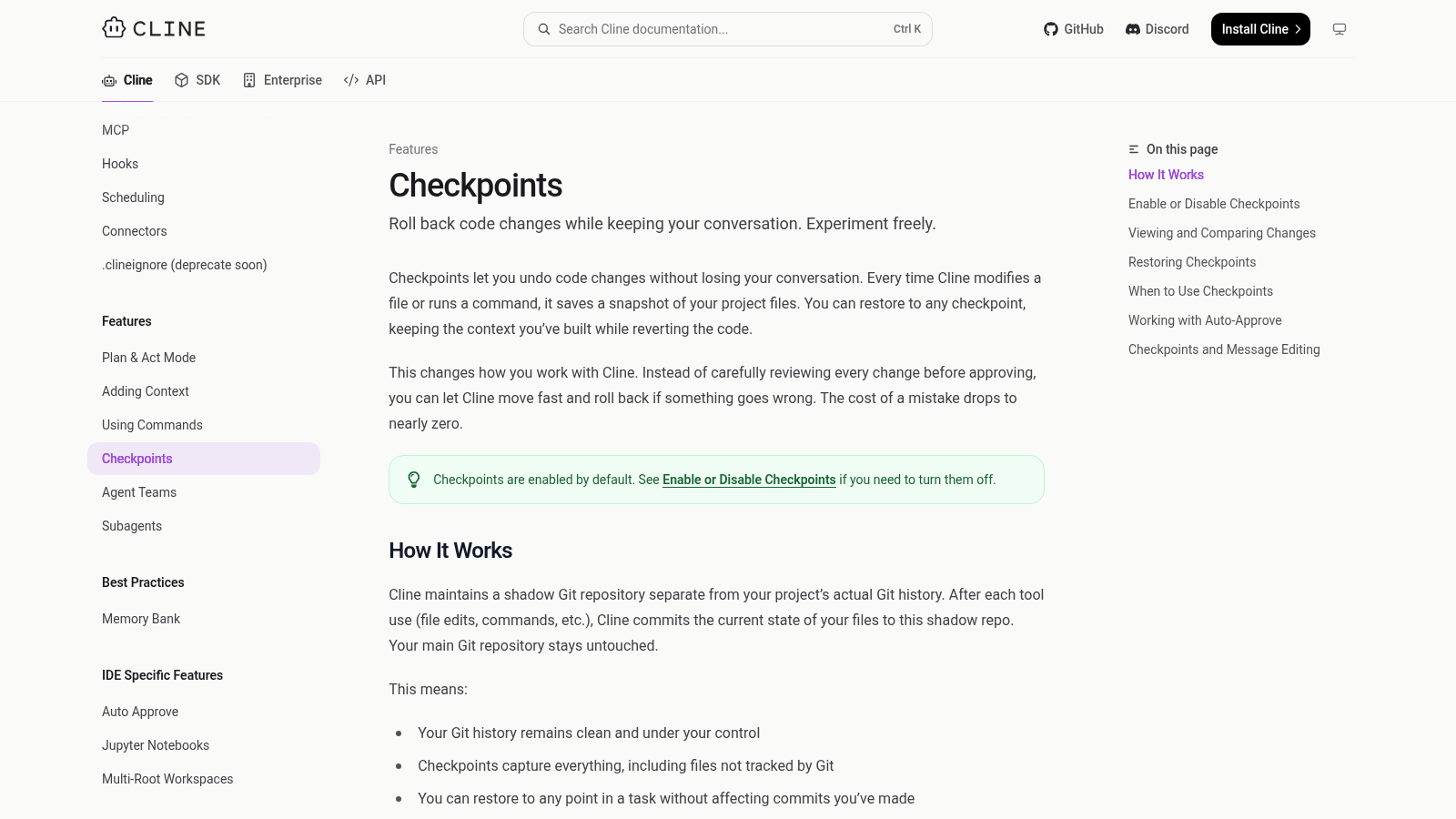 Cline documentation about restoring checkpoints