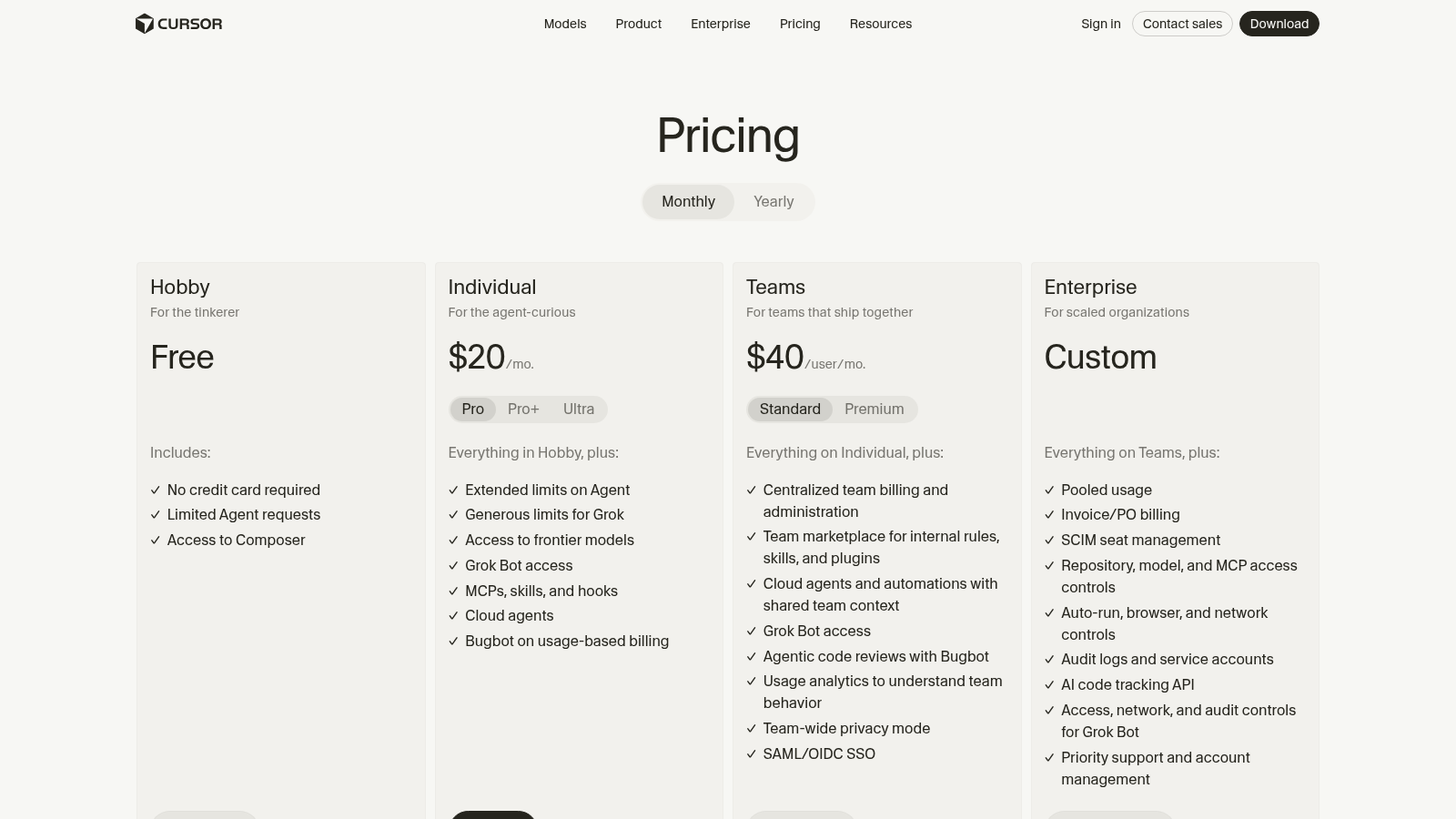 Cursor monthly pricing page with Pro selected